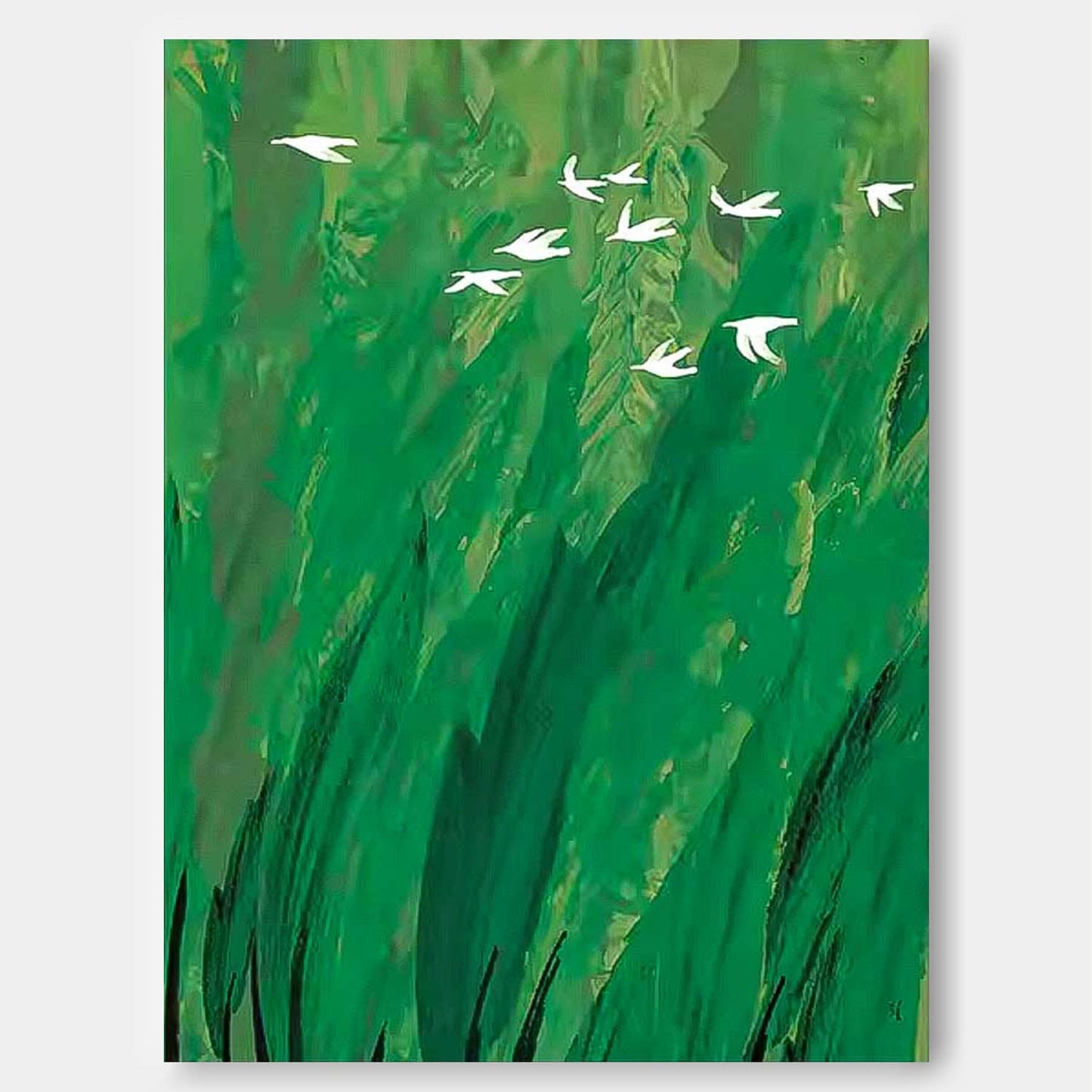 Serene Green Minimalist Oil Painting with White Birds in Flight