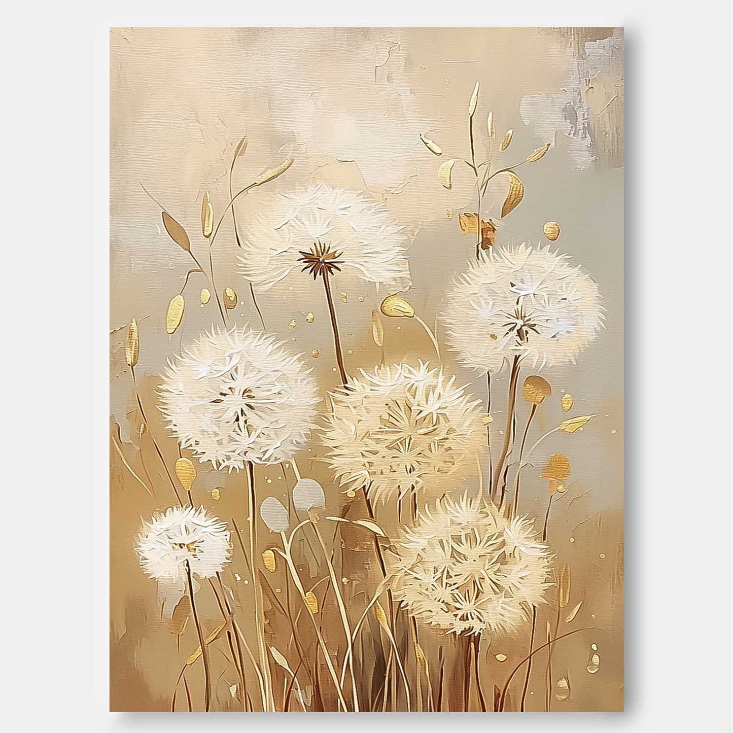 Elegant White Dandelion Flowers Oil Painting for Chic Home Decor