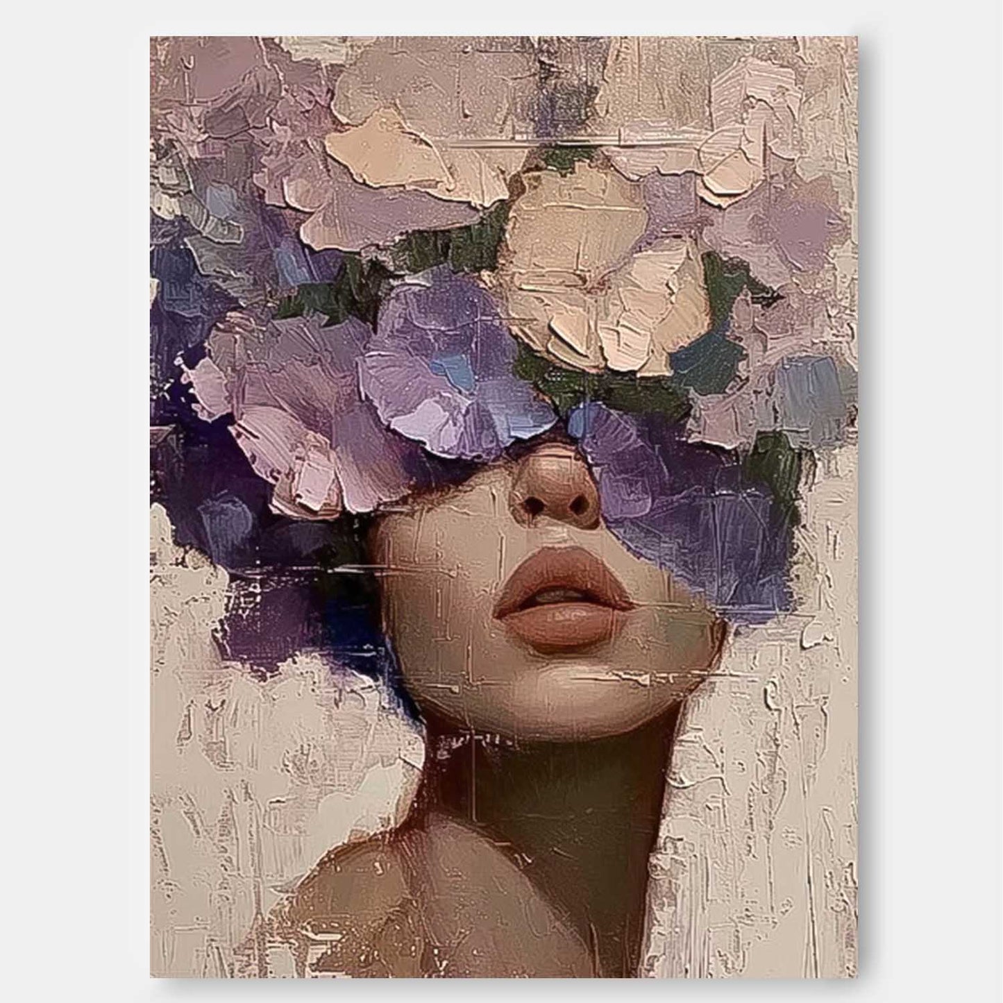 Floral Portrait Oil Painting - Elegant Woman with Flower Crown Canvas Art