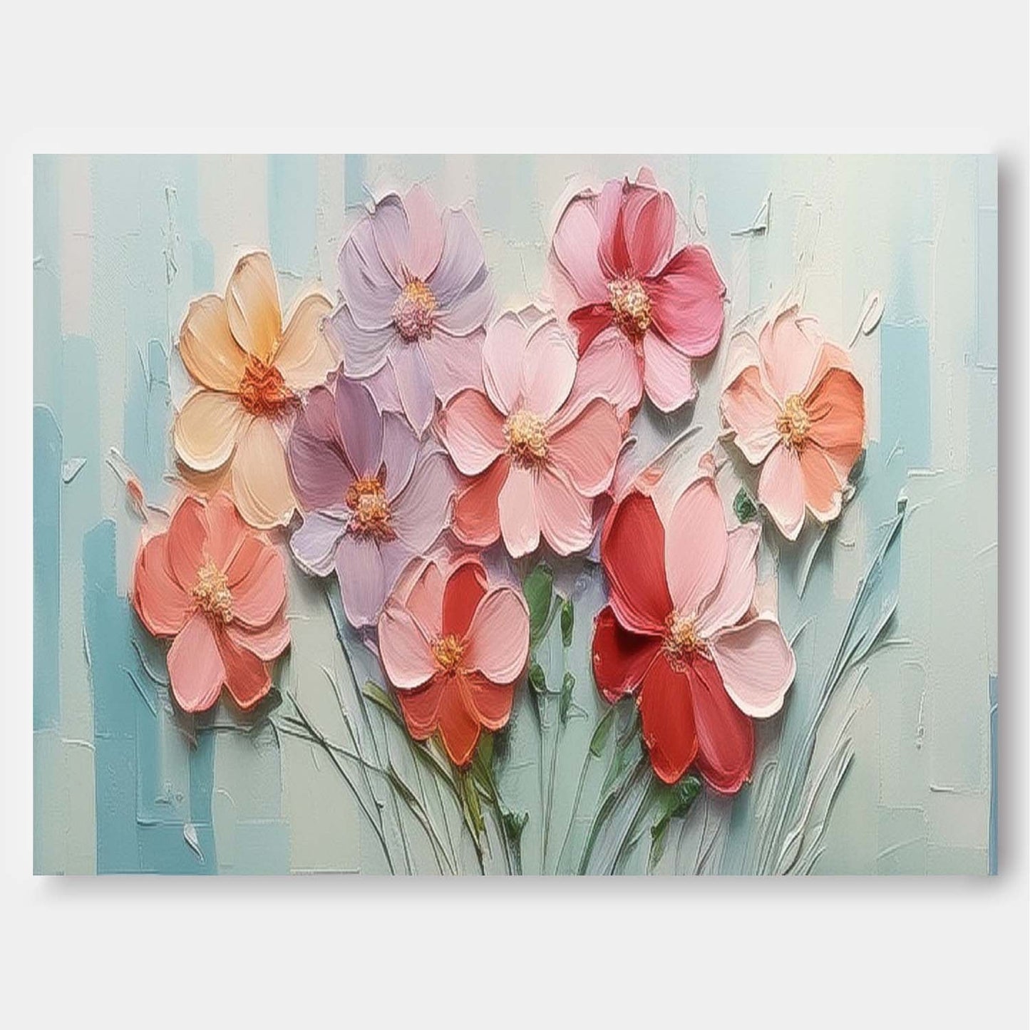 Vibrant Floral Oil Painting with Textured Petals and Soft Pastel Background