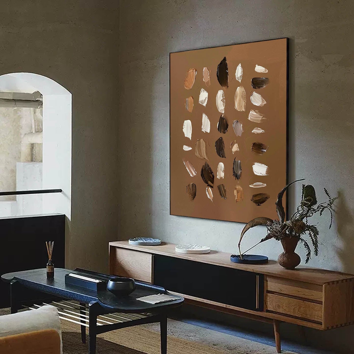 Contemporary Vintage Abstract Oil Painting in Warm Earth Tones