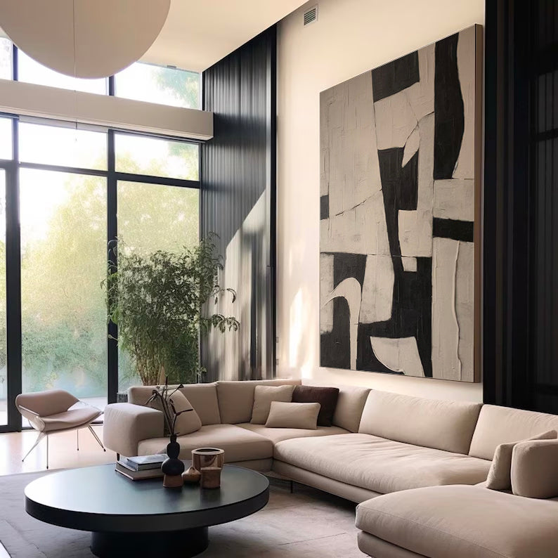 Elegant Black and White Minimalist Abstract Oil Painting for Modern Decor