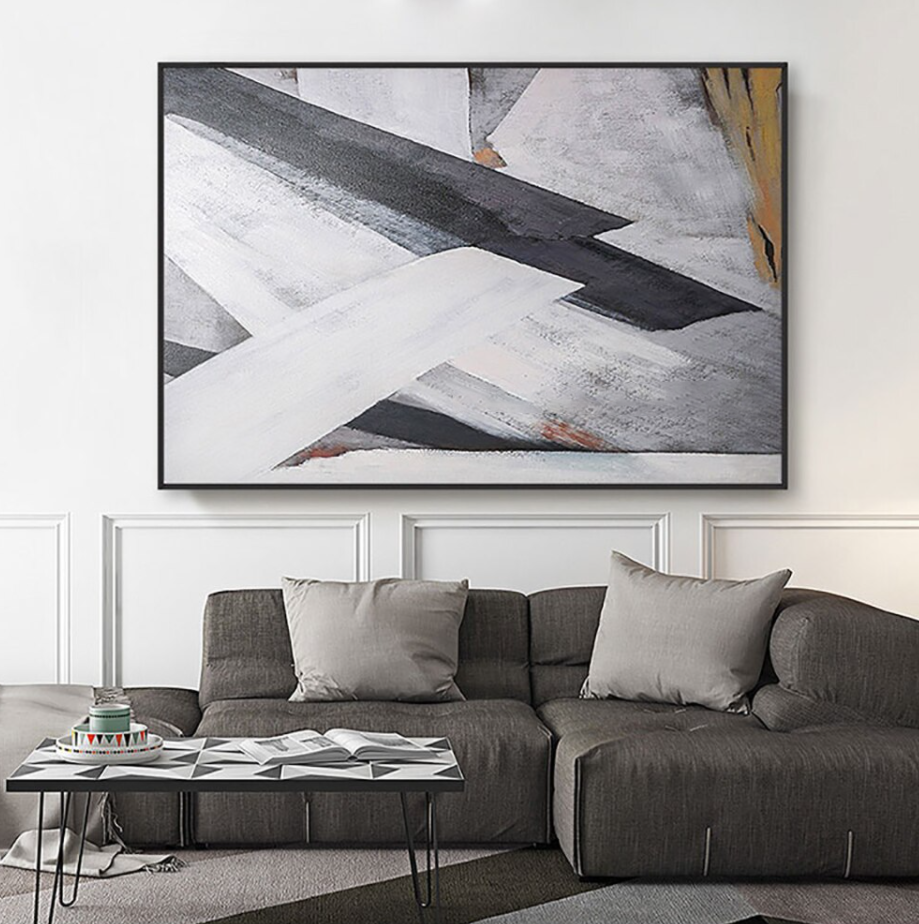 Abstract Oil Painting of Dynamic Black and White Brushstrokes for Elegant Decor