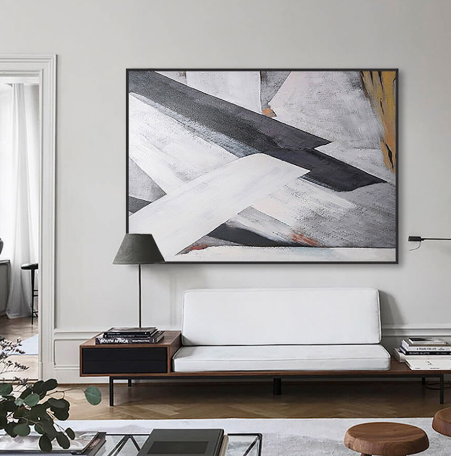 Abstract Oil Painting of Dynamic Black and White Brushstrokes for Elegant Decor