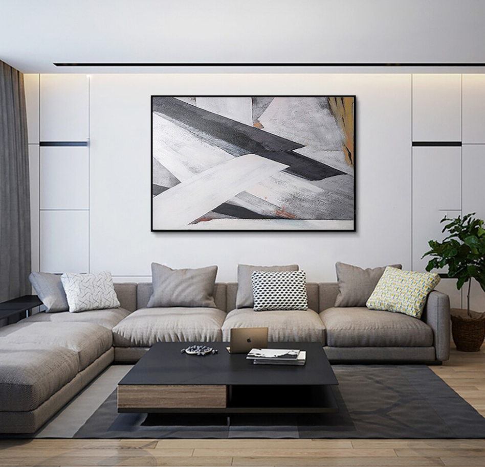 Abstract Oil Painting of Dynamic Black and White Brushstrokes for Elegant Decor