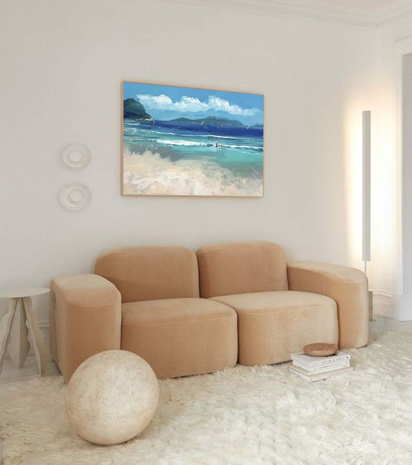 Vibrant Beach Scene Oil Painting with Ocean Waves and Sailboats
