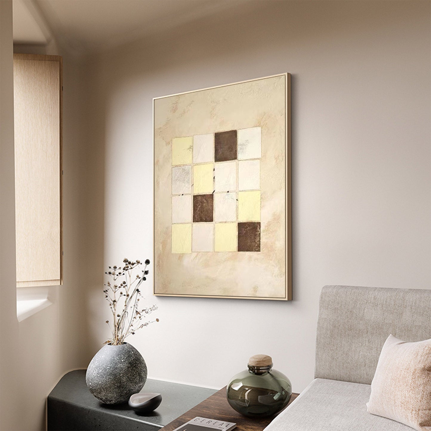 Elegant Beige Geometric Abstract Oil Painting for Modern Home Decor