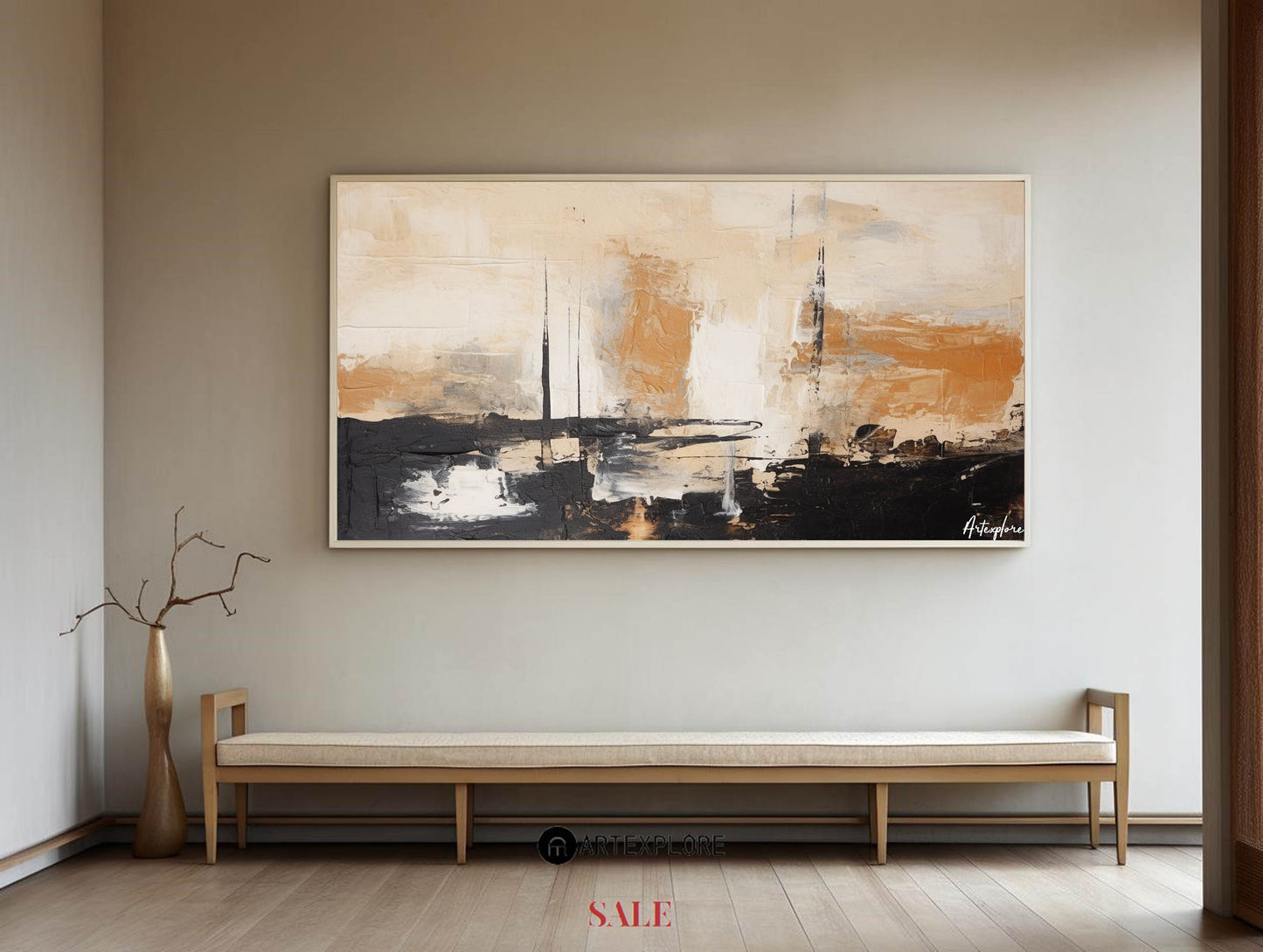 Contemporary Black and Beige Abstract Oil Painting for Modern Decor