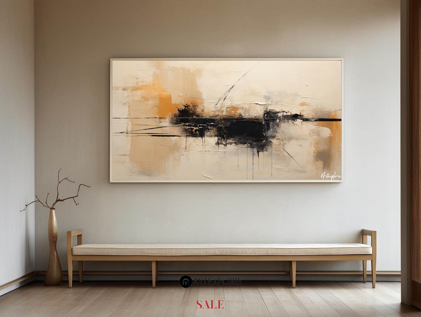 Contemporary Abstract Oil Painting in Warm Tones and Bold Black Accents
