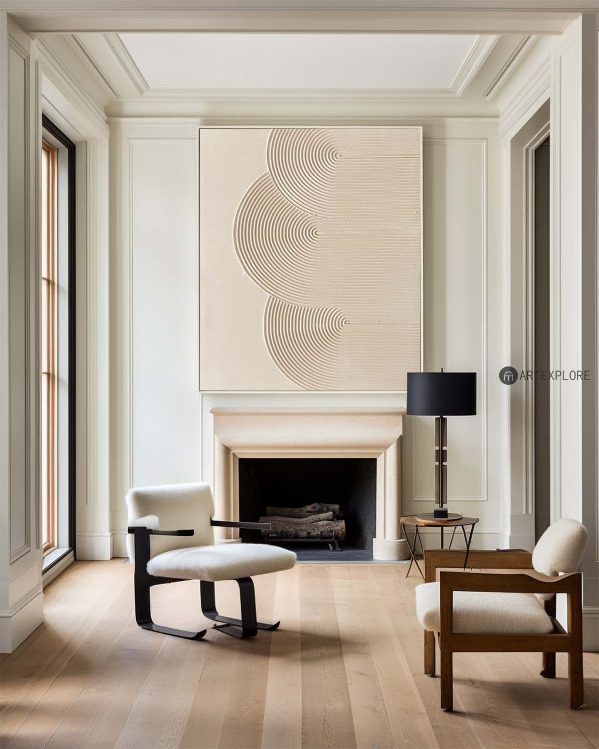 Minimalist Beige Abstract Oil Painting with Geometric Lines for Modern Decor