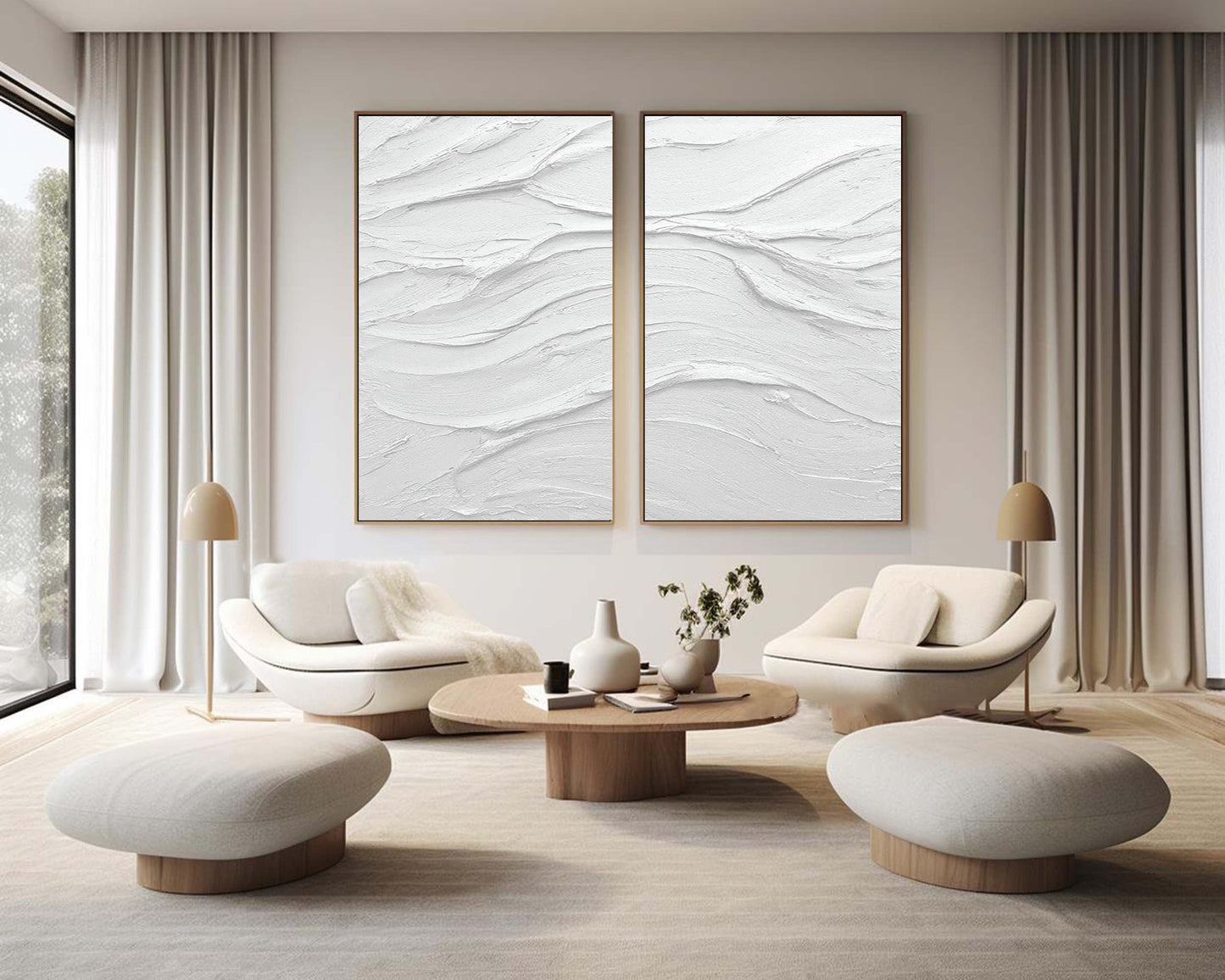 Minimalist White Abstract Oil Paintings for Home Decor - Set of Two
