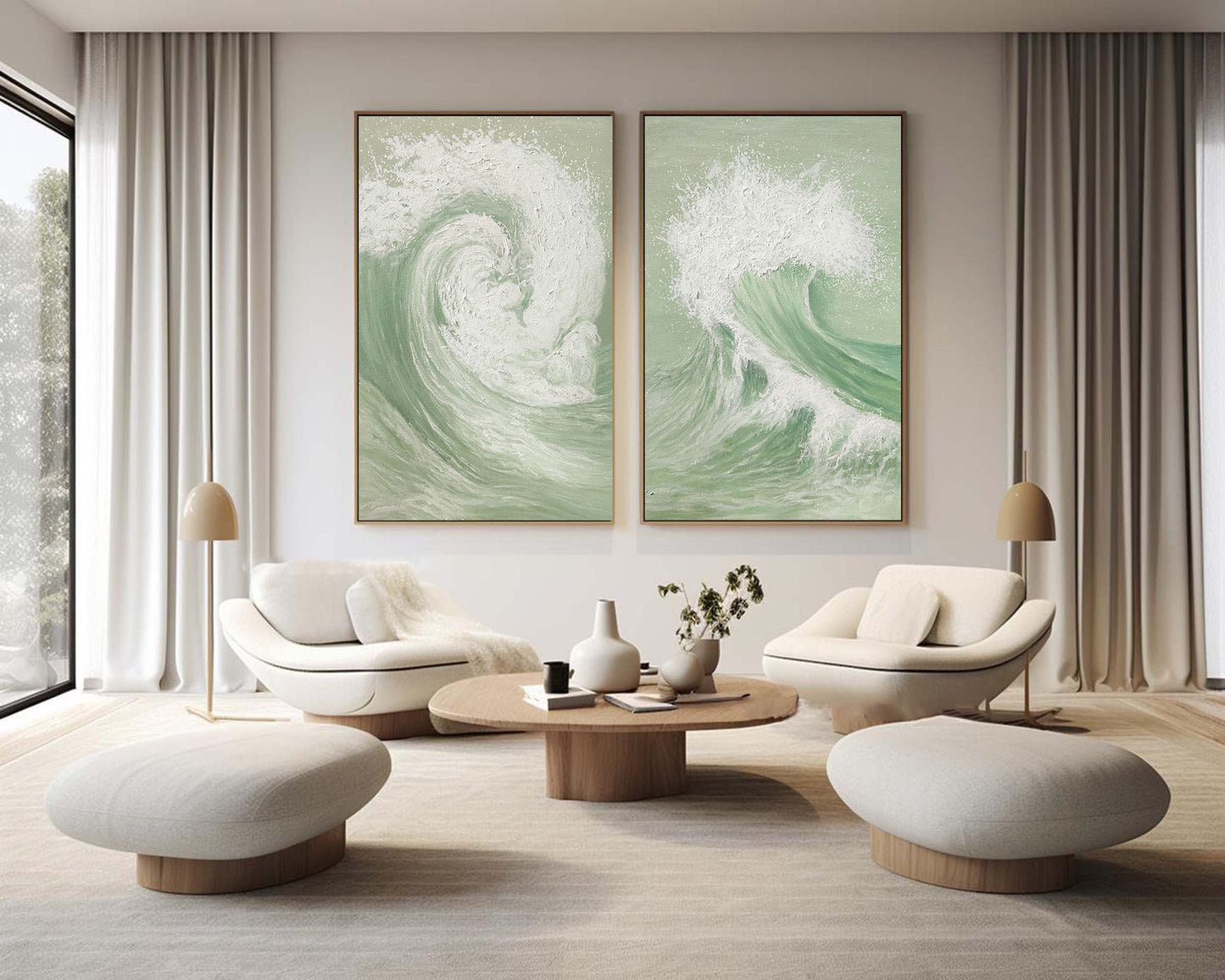 Elegant Green and White Abstract Wave Art for Modern Home Decor Set