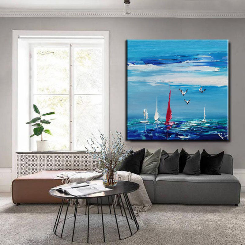 Vibrant Coastal Scene with Sailboats and Sea Birds - Original Oil Painting