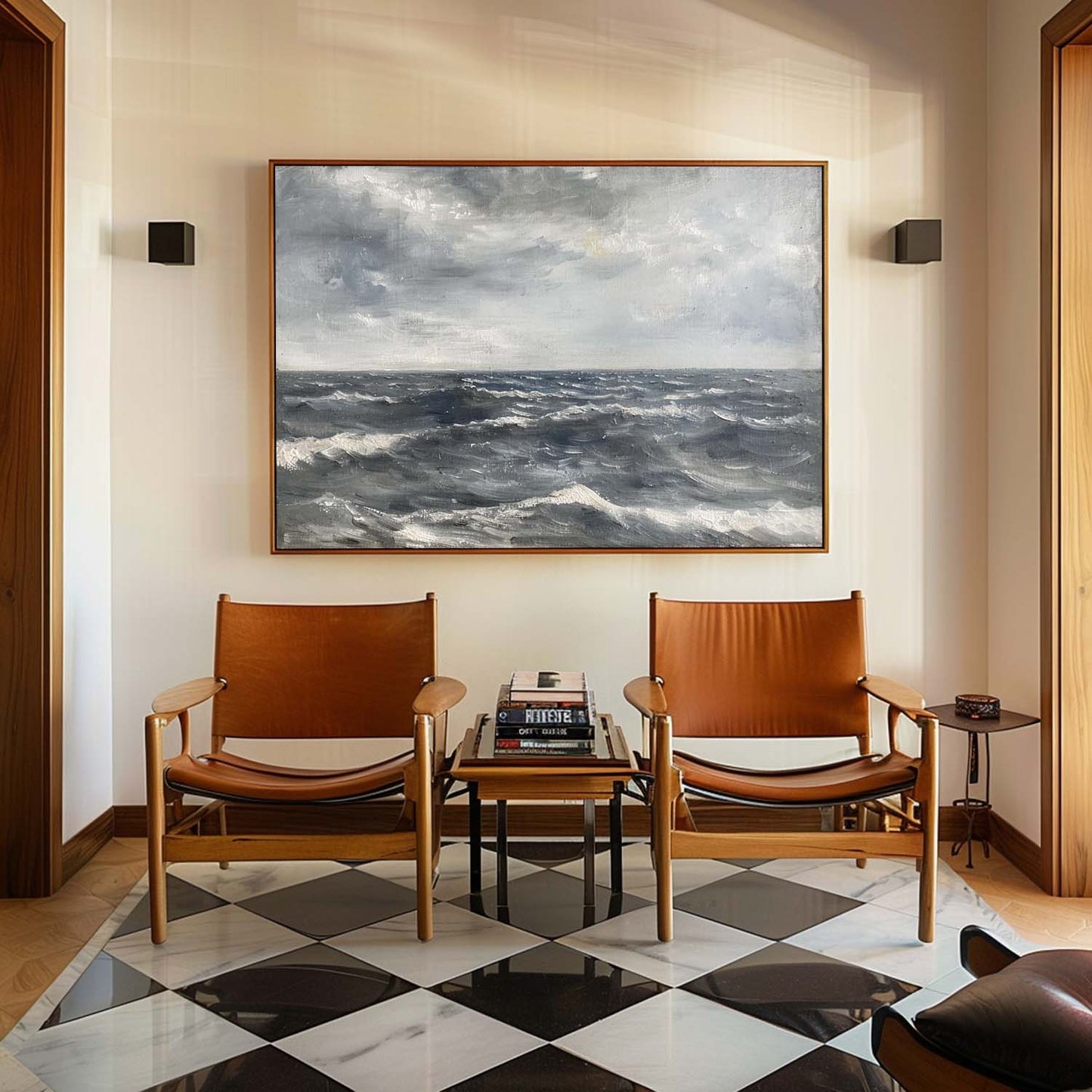 Serene Ocean Waves Oil Painting in Soft Grays and Blues for Timeless Home Decor