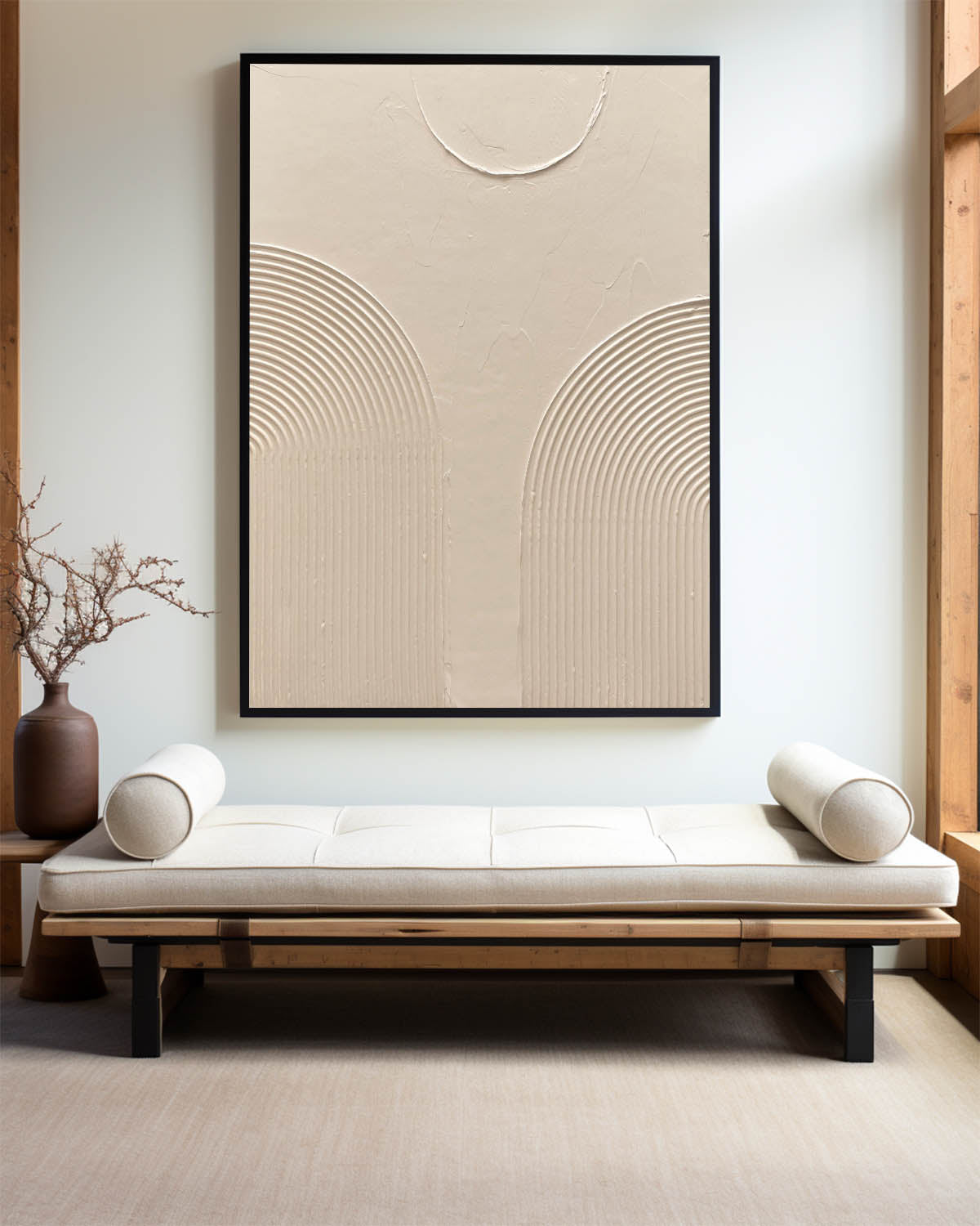 Modern Beige Abstract Oil Painting with Textured Lines and Minimalist Design