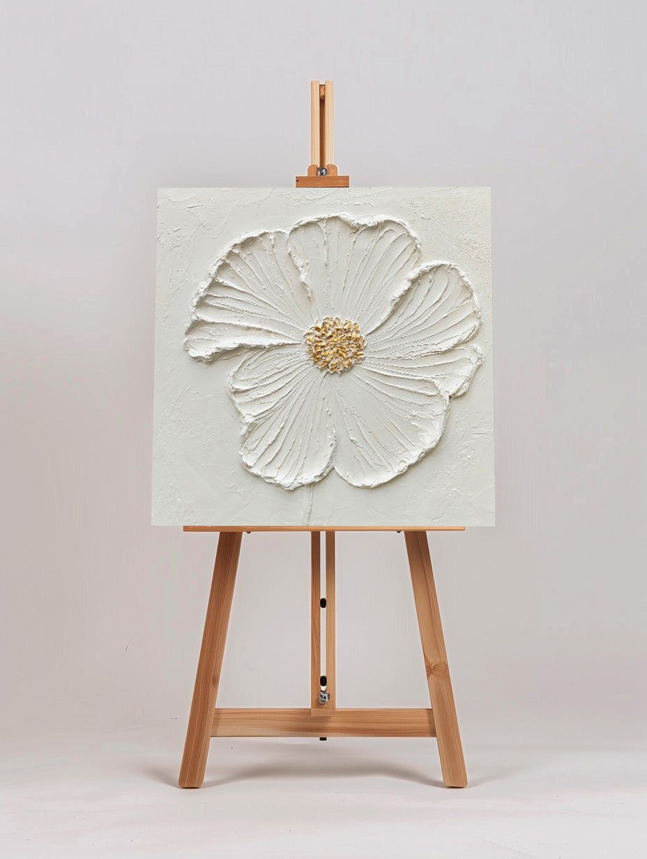 Elegant White Flower Oil Painting with Textured Petals and Gold Accents