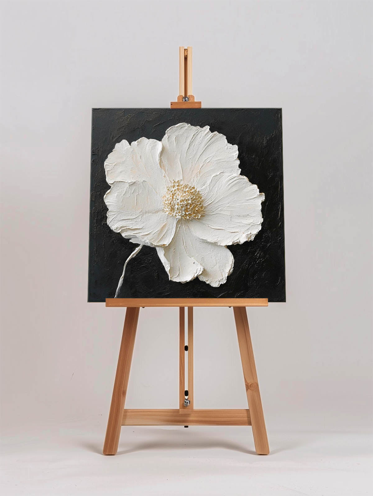 Elegant White Flower Abstract Oil Painting on Black Canvas for Modern Decor