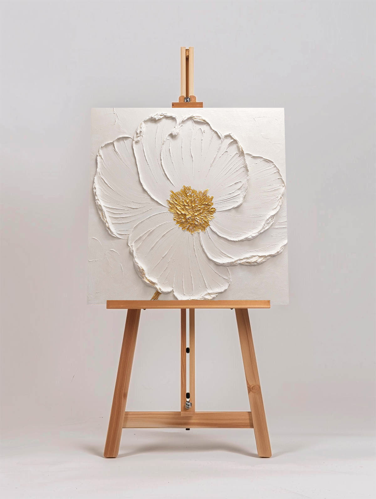 Elegant White Flower Oil Painting with Golden Details for Modern Decor