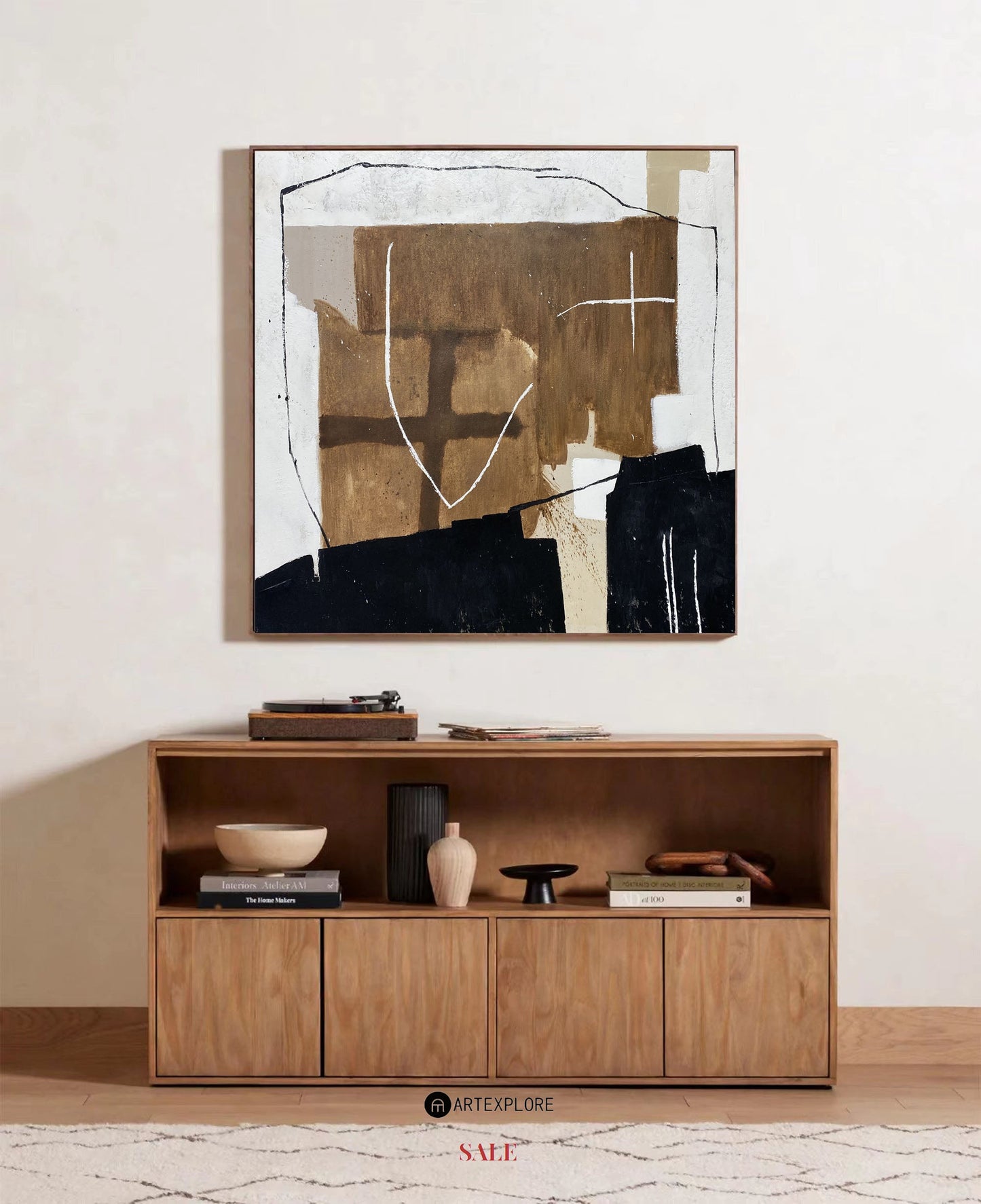 Contemporary Abstract Oil Painting with Bold Geometric Shapes and Earthy Tones
