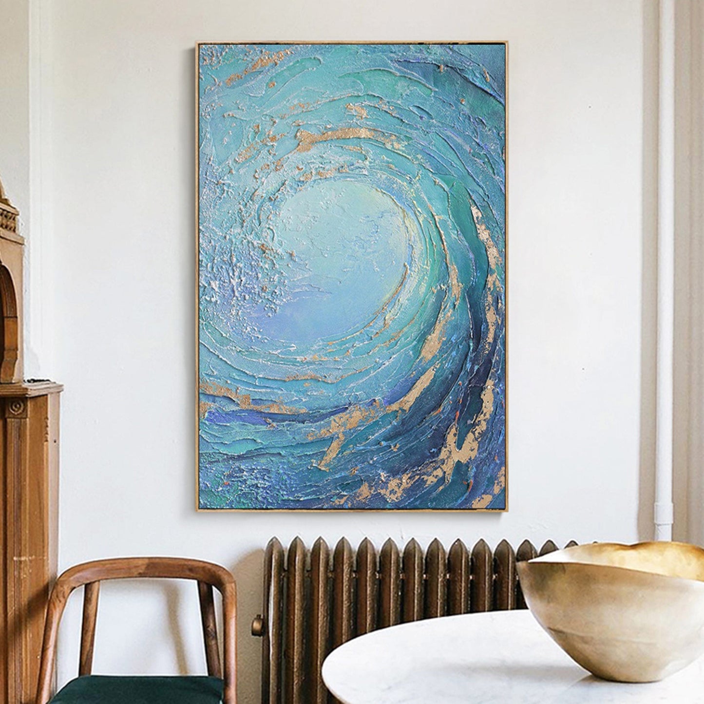 Dynamic Ocean Wave Oil Painting with Turquoise and Gold Accents
