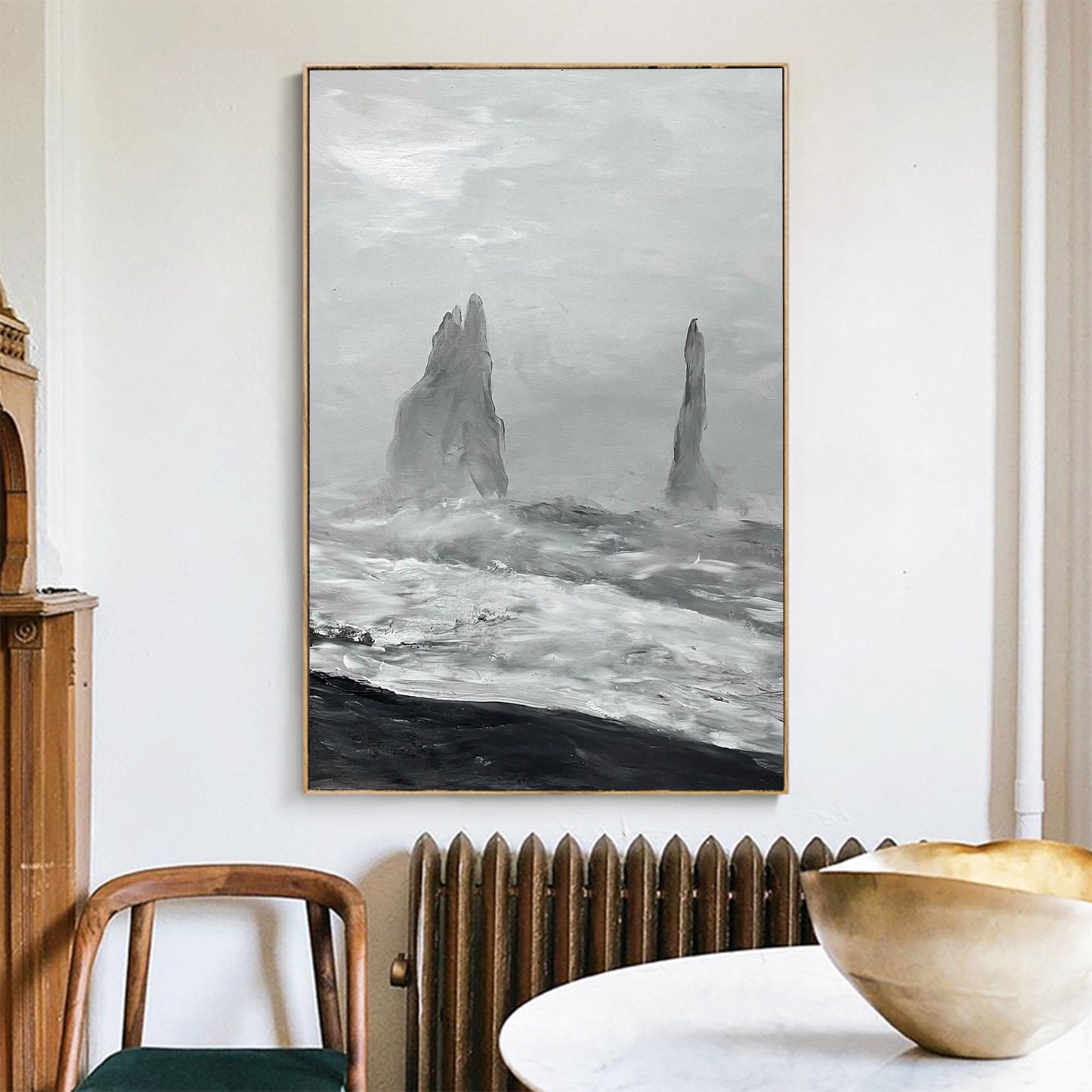 Monochromatic Coastal Landscape Oil Painting with Dramatic Waves and Rocks