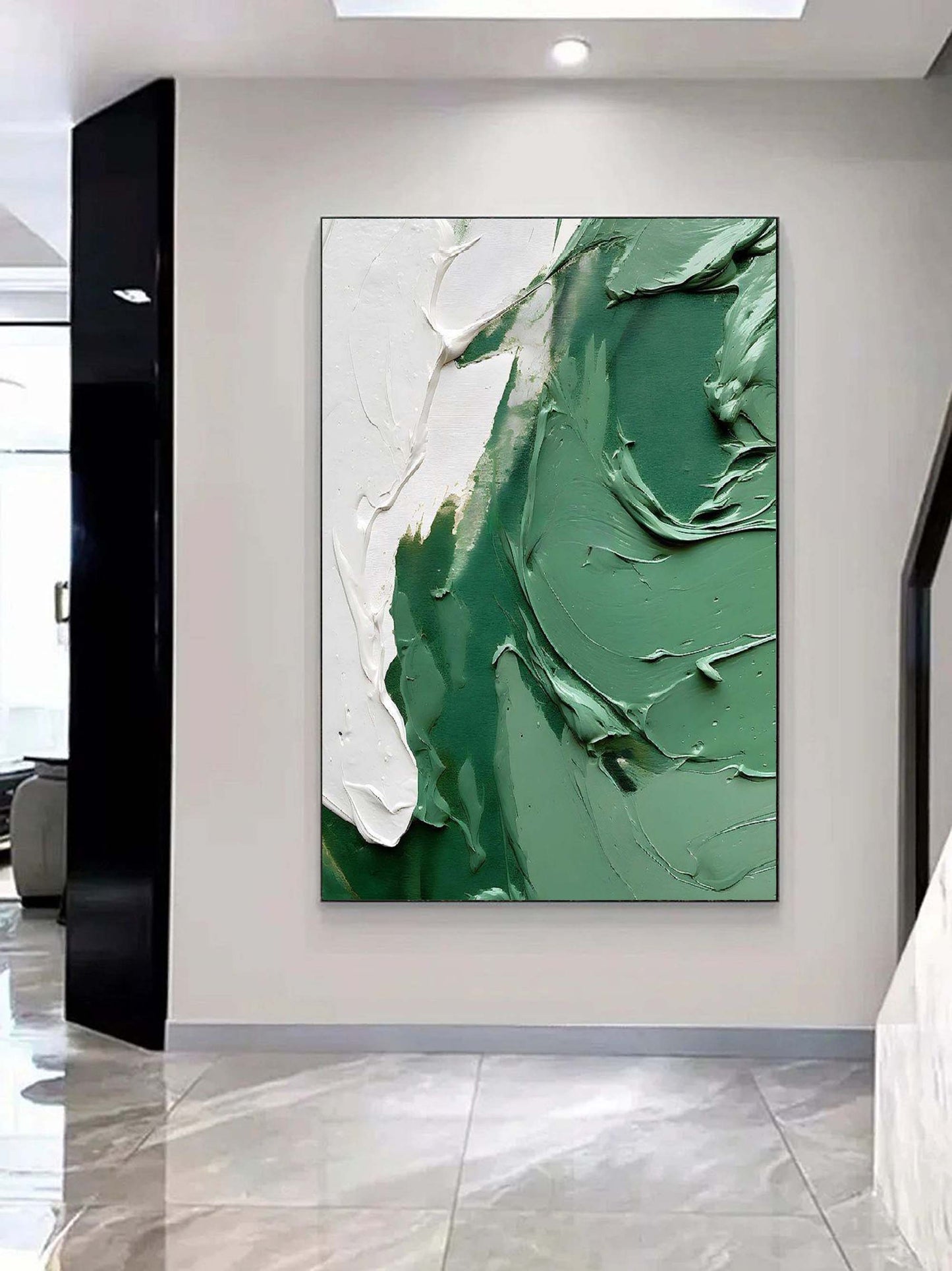 Abstract Green Textured Oil Painting with White Accents for Contemporary Home Decor