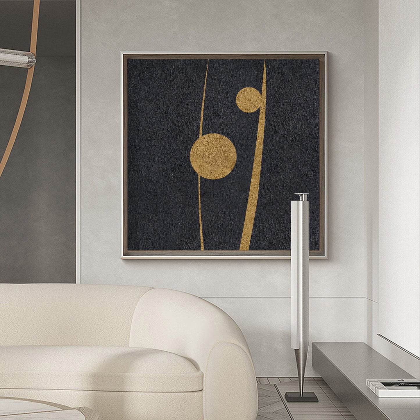 Elegant Black and Gold Abstract Minimalist Oil Painting for Modern Home Decor