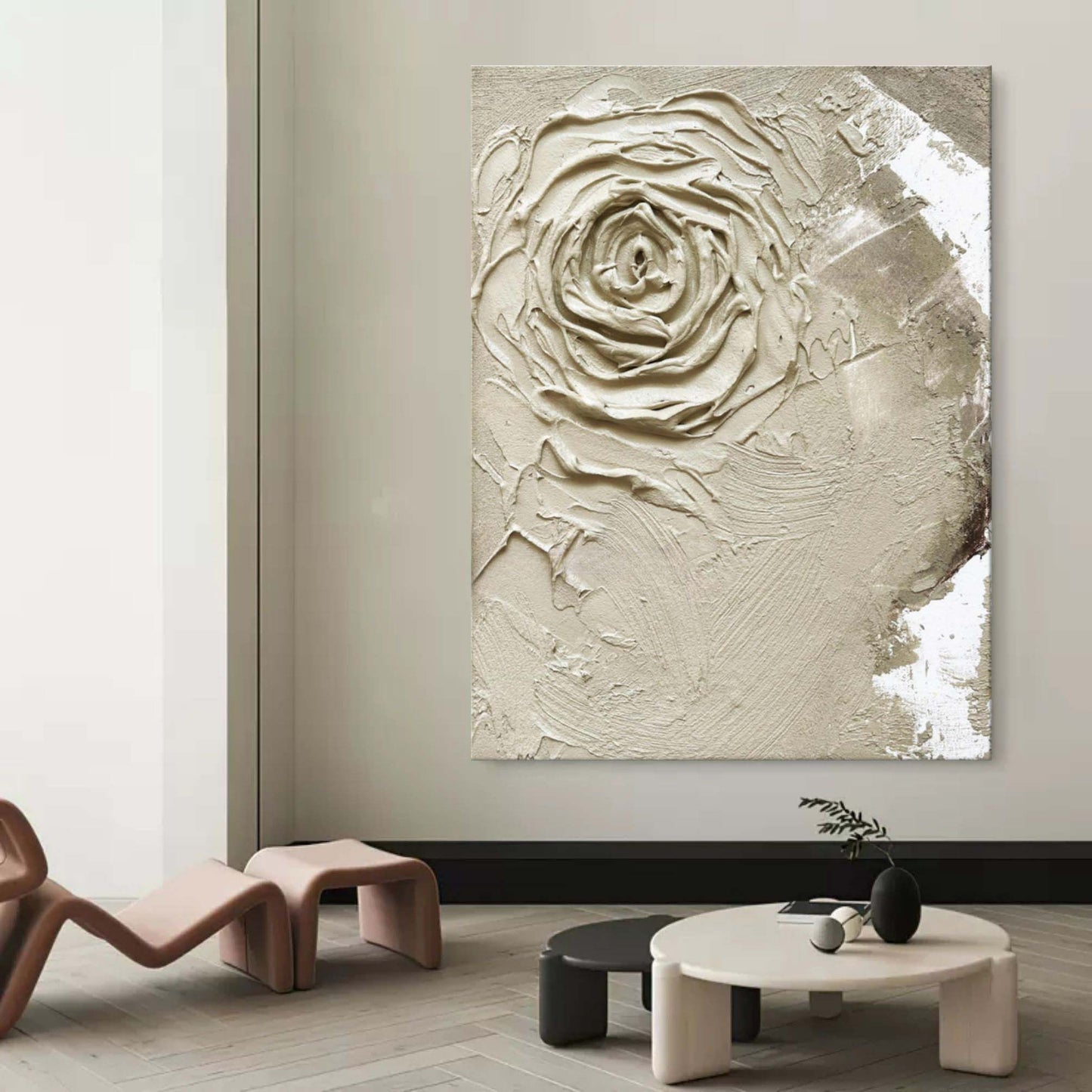 Textured Floral Elegance - Cream Rose Oil Painting for Timeless Home Decor