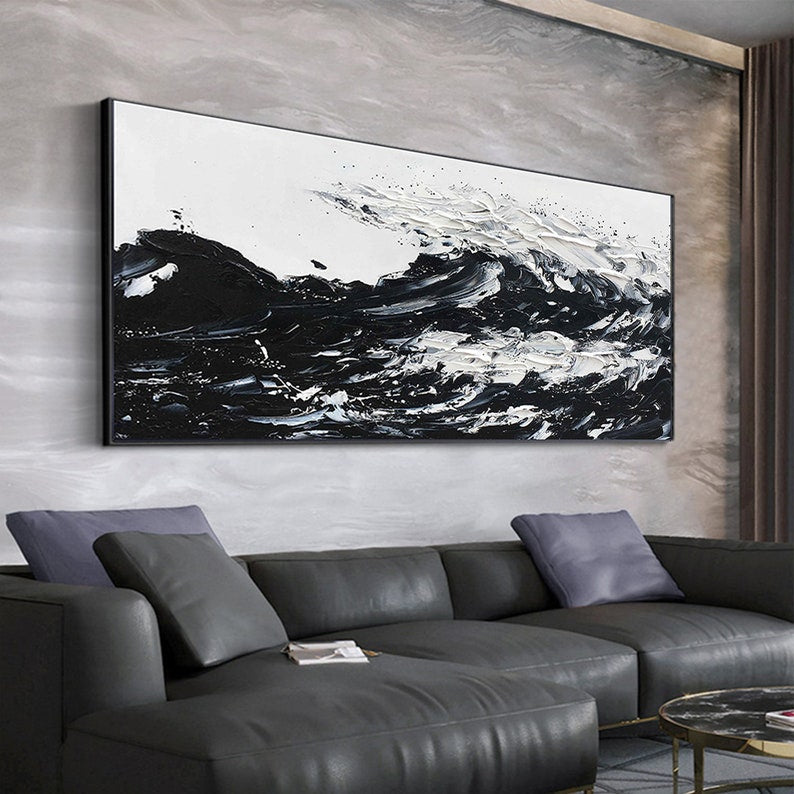 Dynamic Black and White Wave Oil Painting for Modern Home Decor