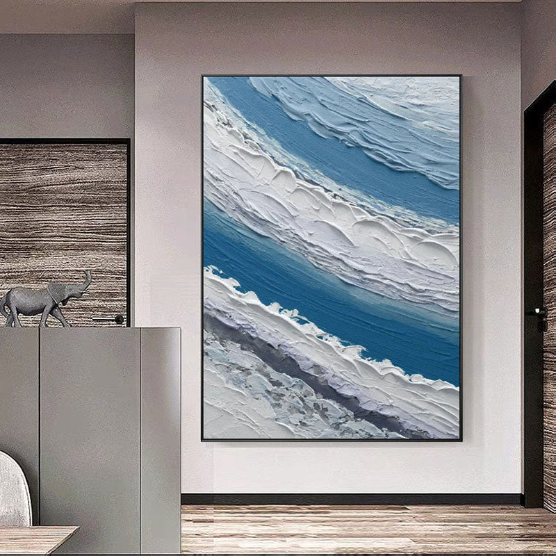 Ocean Wave Abstract Oil Painting with Blue and White Texture
