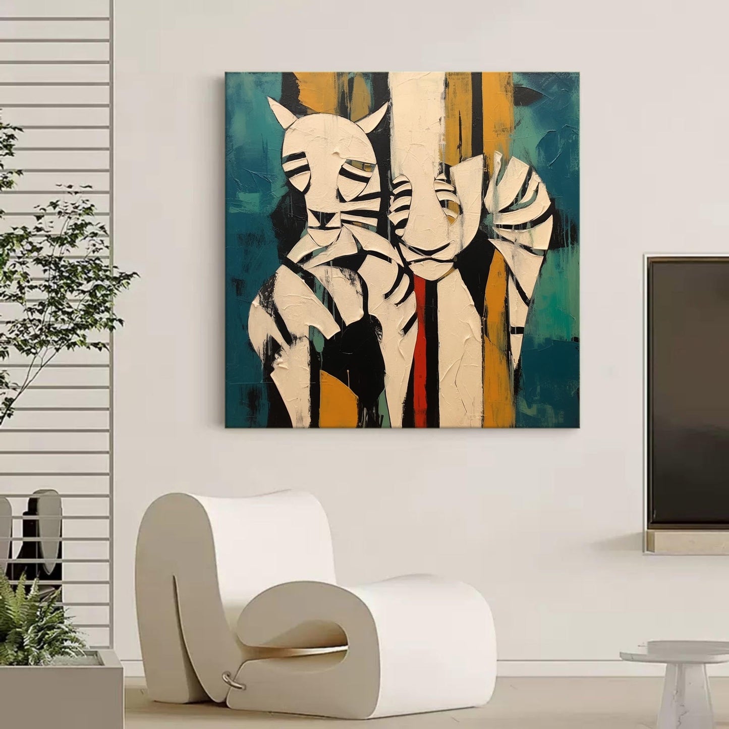 Colorful Abstract Oil Painting of Playful Whimsical Animals on Canvas