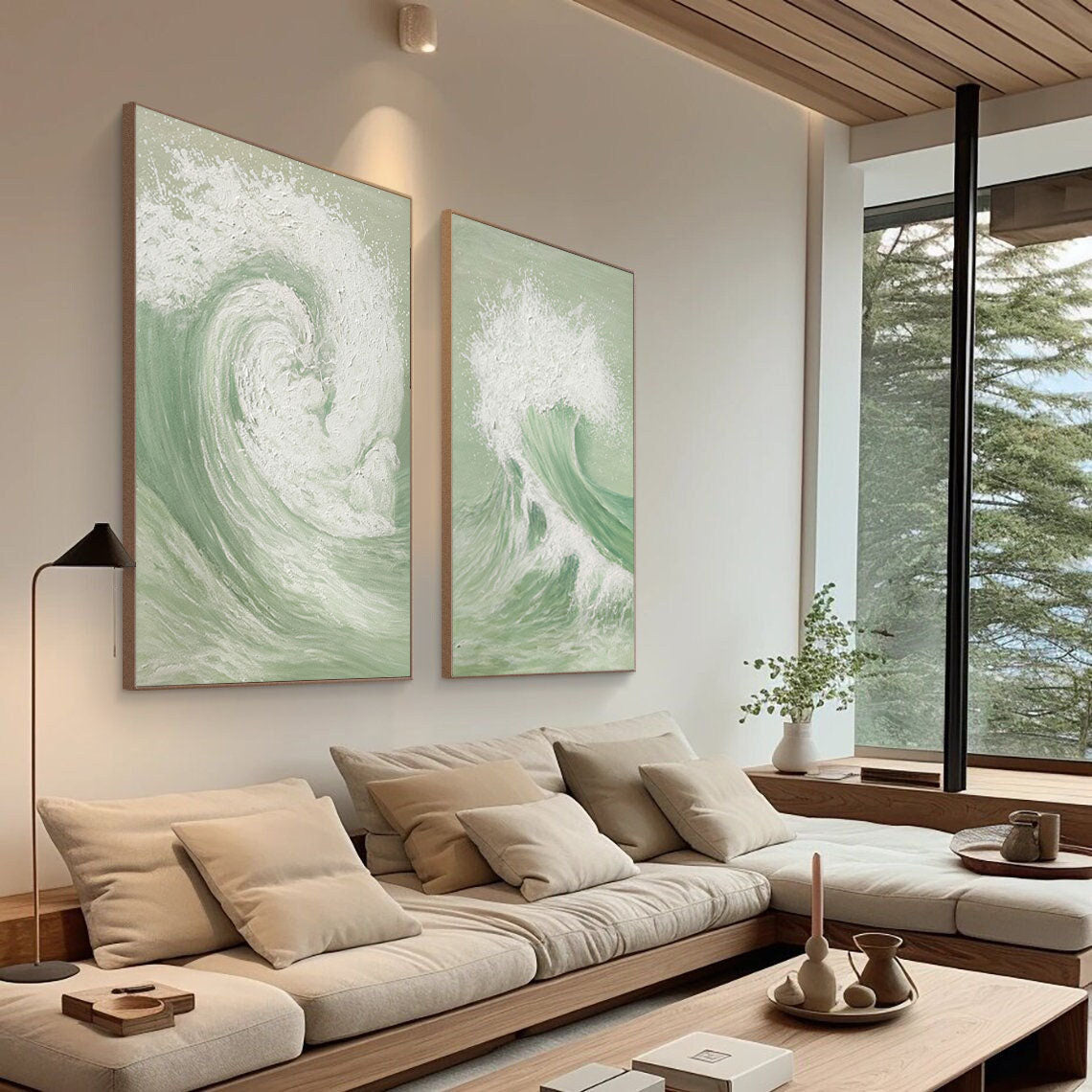 Elegant Green and White Abstract Wave Art for Modern Home Decor Set
