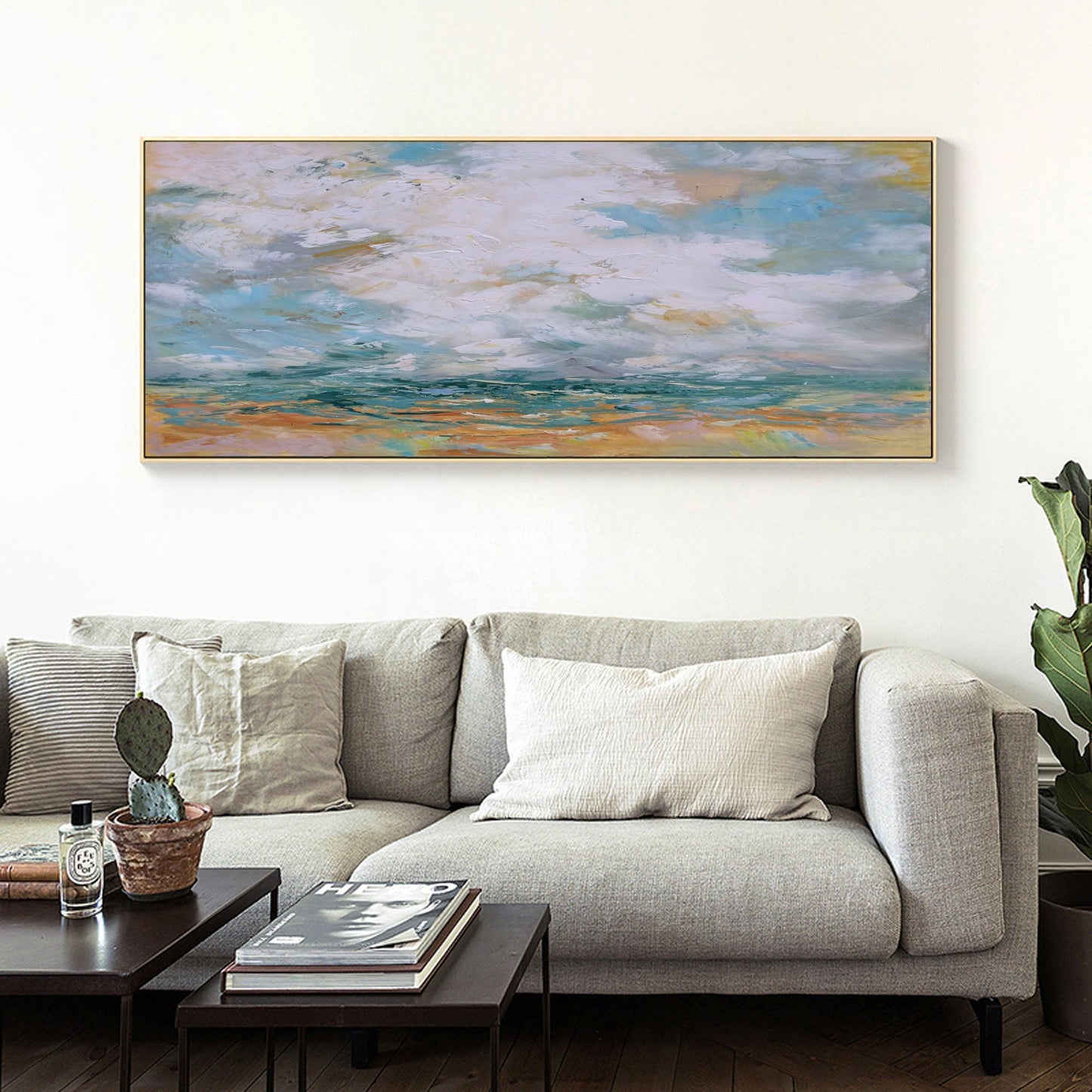 Vivid Coastal Dreamscape Oil Painting with Waves and Dramatic Clouds
