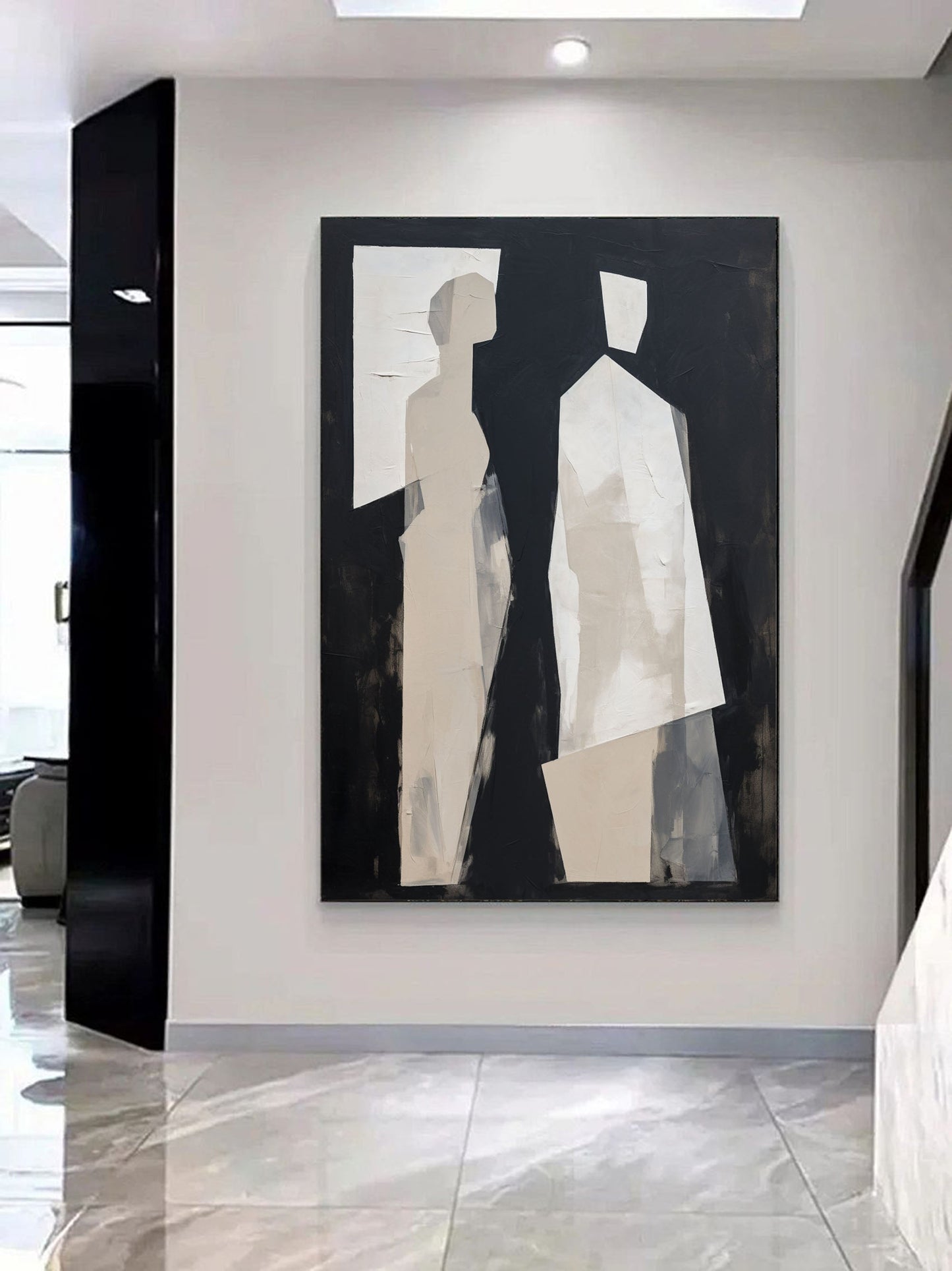 Modern Minimalist Oil Painting of Abstract Figures in Black and White