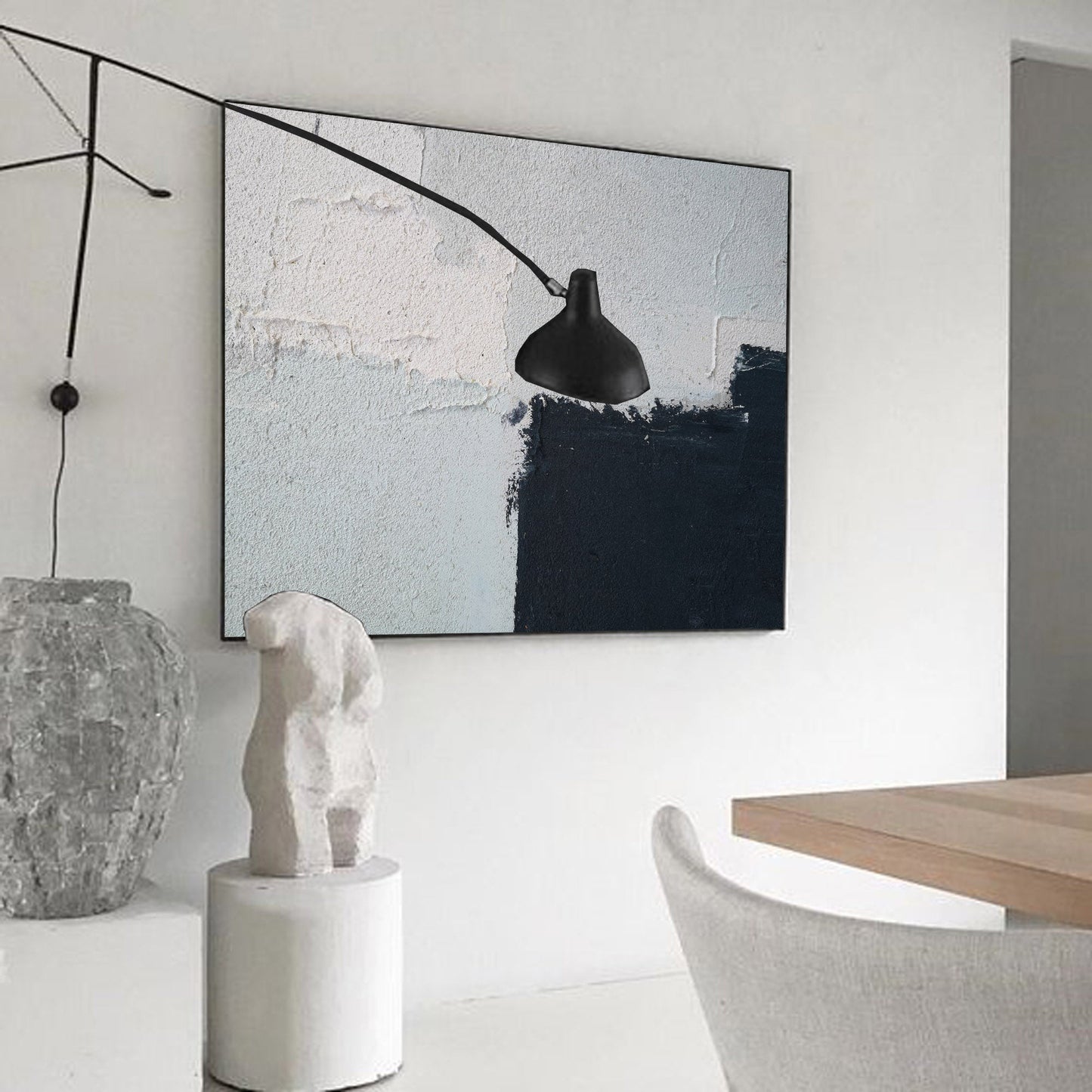 Contemporary Minimalist Abstract Oil Painting in Black and White Tones
