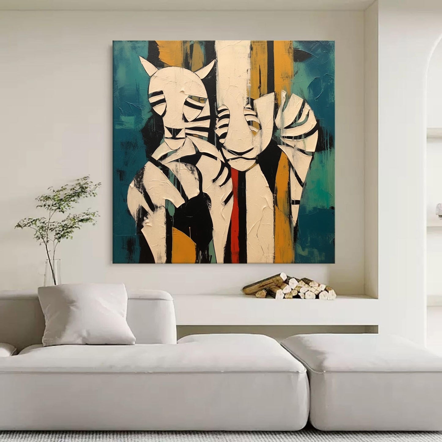 Colorful Abstract Oil Painting of Playful Whimsical Animals on Canvas