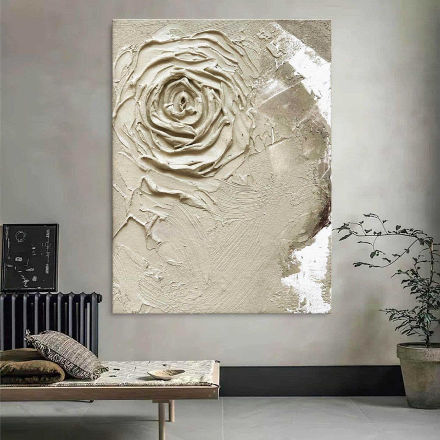 Textured Floral Elegance - Cream Rose Oil Painting for Timeless Home Decor