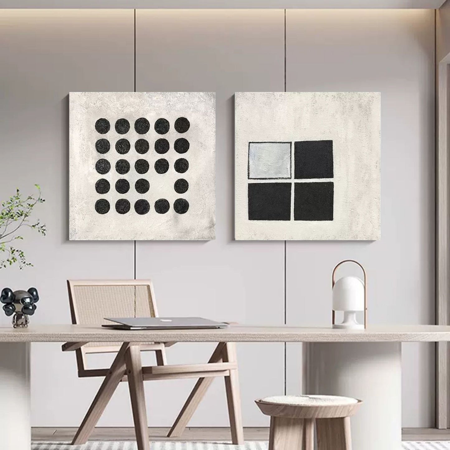Modern Abstract Duo - Black and White Geometric Oil Paintings for Contemporary Decor