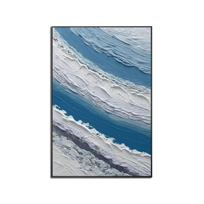 Ocean Wave Abstract Oil Painting with Blue and White Texture