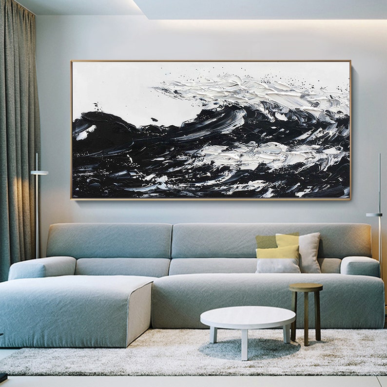Dynamic Black and White Wave Oil Painting for Modern Home Decor