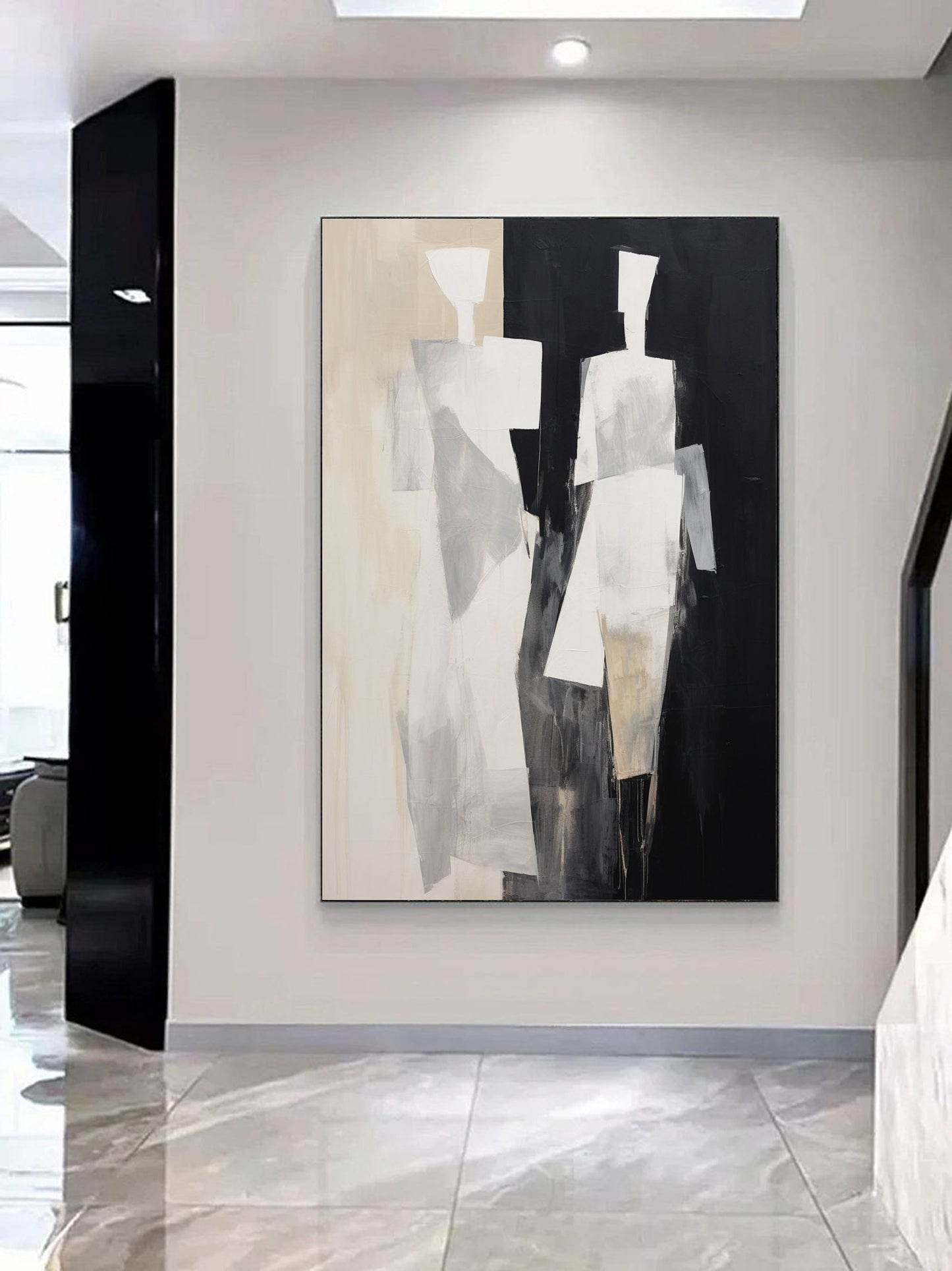 Abstract Black and White Minimalist Oil Painting for Modern Home Decor