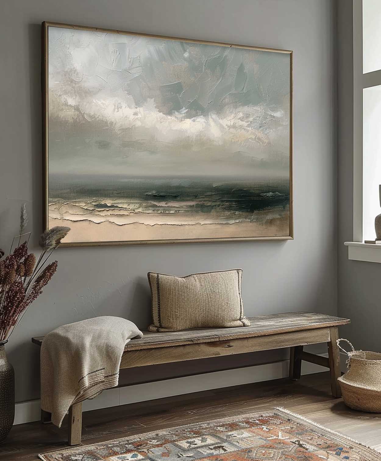 Ocean View Abstract Oil Painting - Serene Coastal Landscape Art for Home Decor