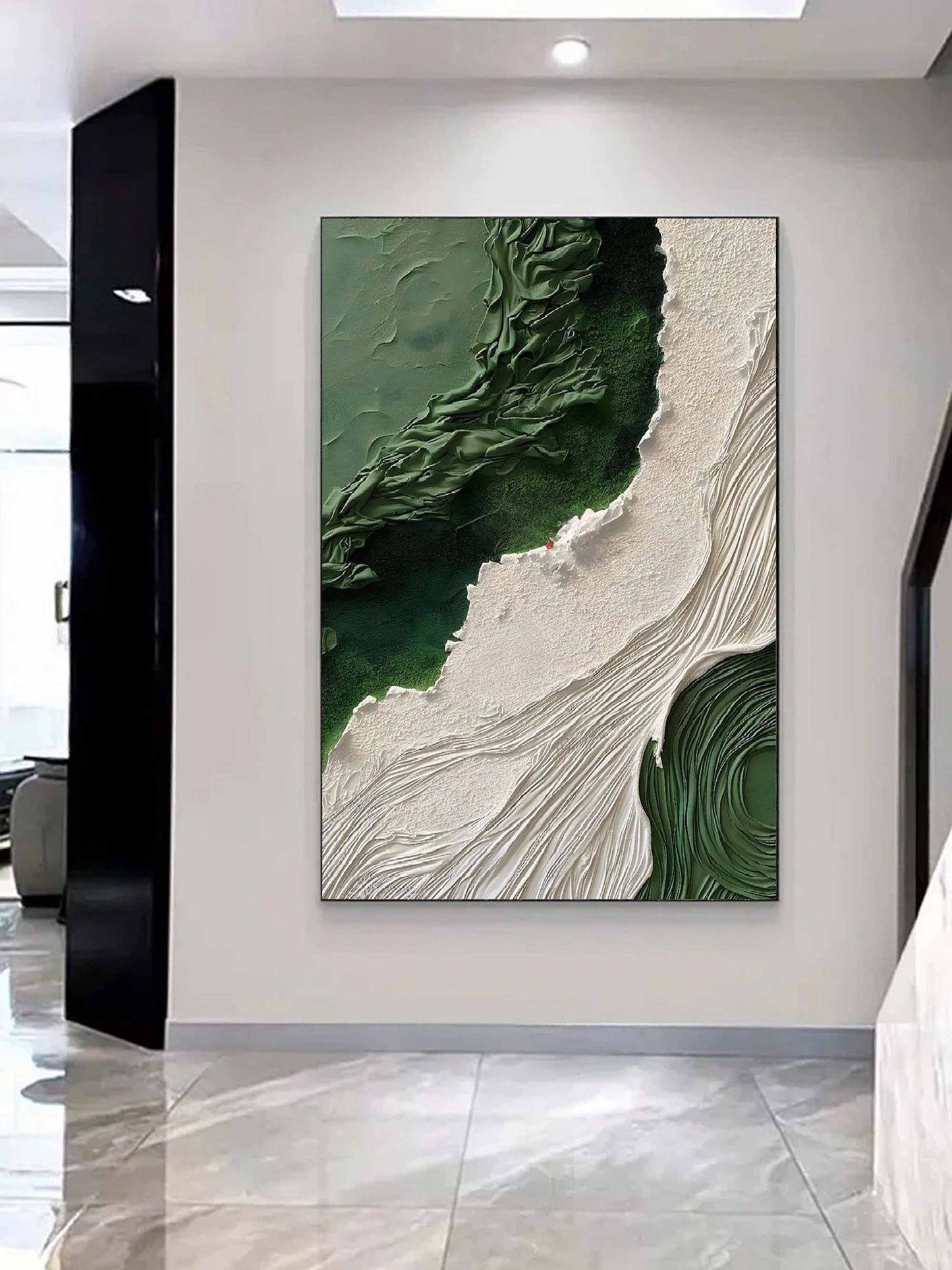 Serene Green and White Landscape Oil Painting for Elegant Home Decor