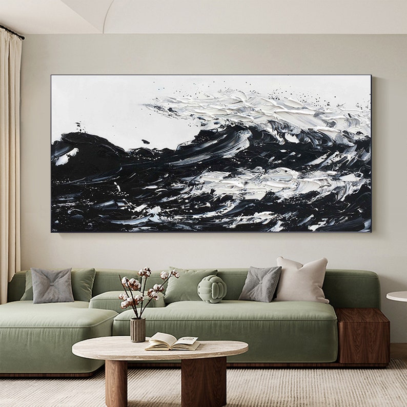 Dynamic Black and White Wave Oil Painting for Modern Home Decor