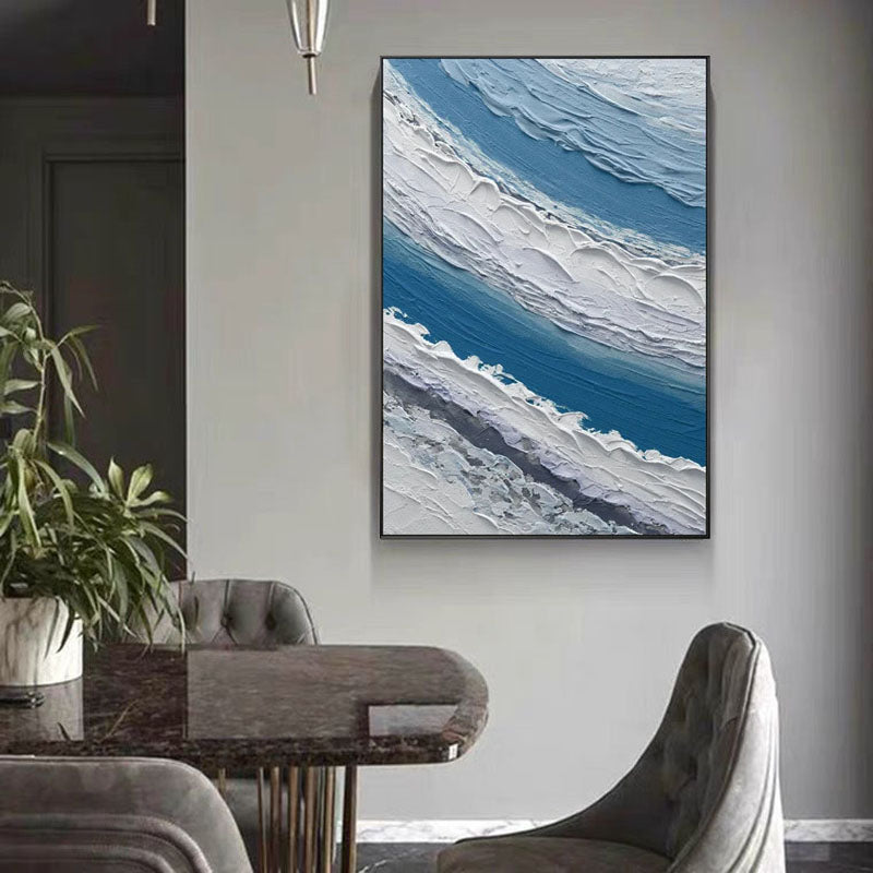 Ocean Wave Abstract Oil Painting with Blue and White Texture