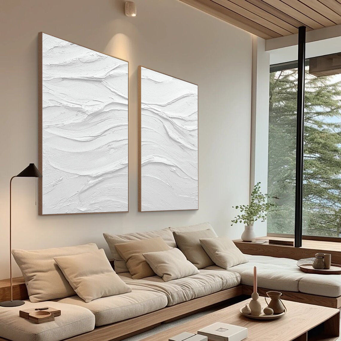 Minimalist White Abstract Oil Paintings for Home Decor - Set of Two