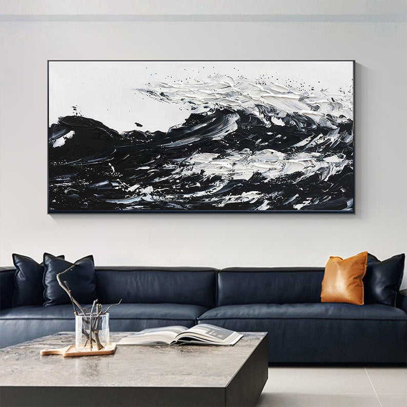 Dynamic Black and White Wave Oil Painting for Modern Home Decor