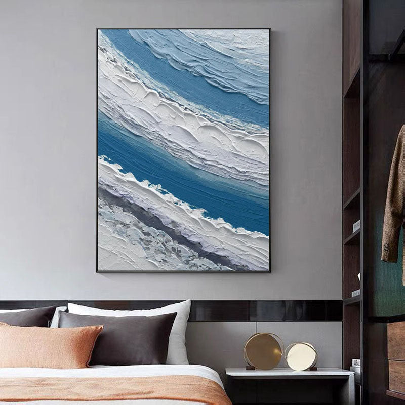 Ocean Wave Abstract Oil Painting with Blue and White Texture