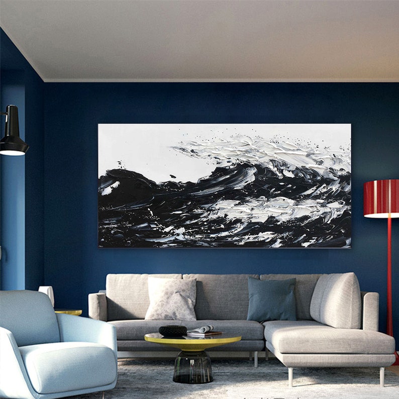 Dynamic Black and White Wave Oil Painting for Modern Home Decor