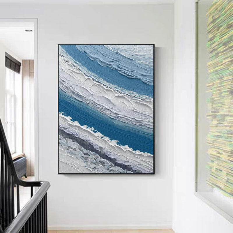 Ocean Wave Abstract Oil Painting with Blue and White Texture